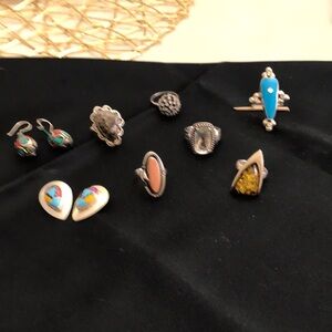 Vintage Mixed Inlay Sterling Rings and Earrings - Turquoise, Coral, Yellow